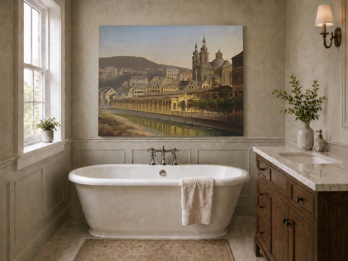 Landscape Oil Painting - European Riverside City with Cathedral