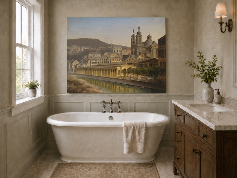 Landscape Oil Painting - European Riverside City with Cathedral