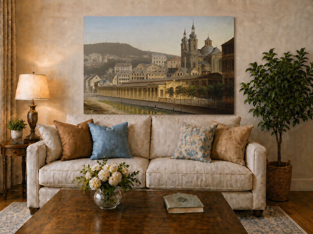 Landscape Oil Painting - European Riverside City with Cathedral