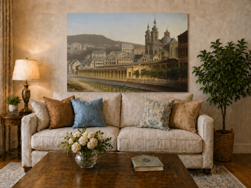 Landscape Oil Painting - European Riverside City with Cathedral