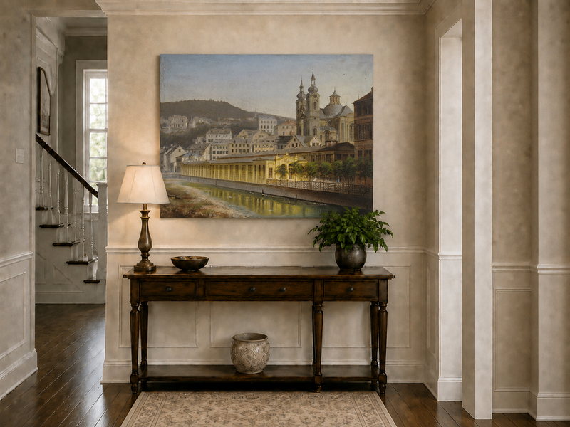 Landscape Oil Painting - European Riverside City with Cathedral
