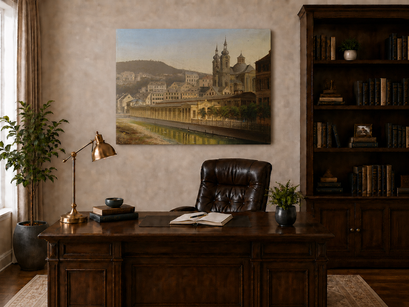 Landscape Oil Painting - European Riverside City with Cathedral