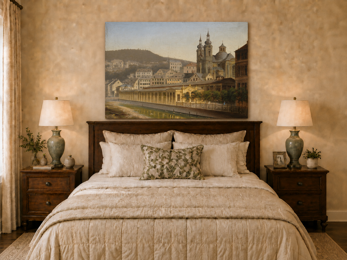 Landscape Oil Painting - European Riverside City with Cathedral