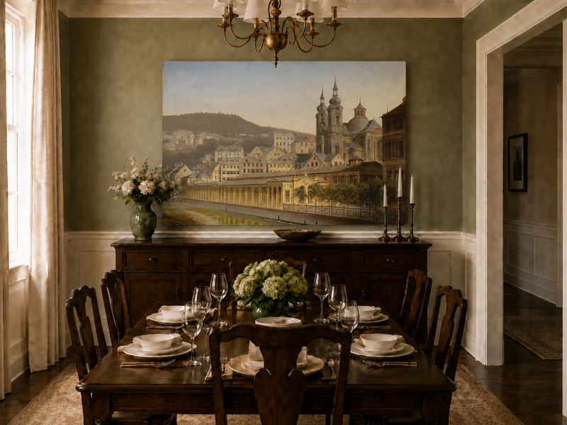 Landscape Oil Painting - European Riverside City with Cathedral