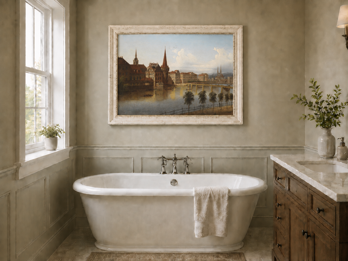 Peinture à l'huile de paysage - Paysage urbain historique au bord de la rivière