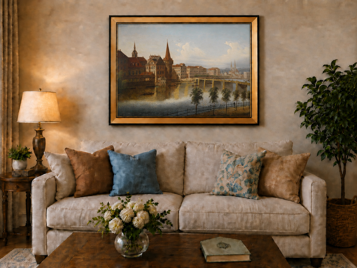 Peinture à l'huile de paysage - Paysage urbain historique au bord de la rivière