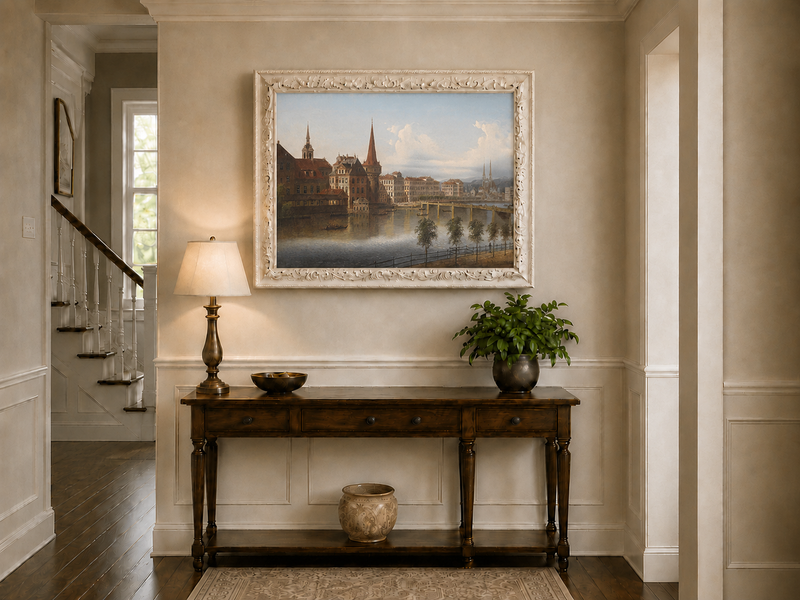 Peinture à l'huile de paysage - Paysage urbain historique au bord de la rivière