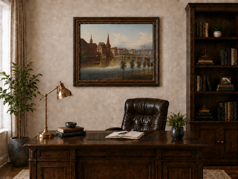 Peinture à l'huile de paysage - Paysage urbain historique au bord de la rivière