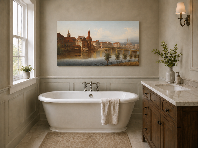 Peinture à l'huile de paysage - Paysage urbain historique au bord de la rivière