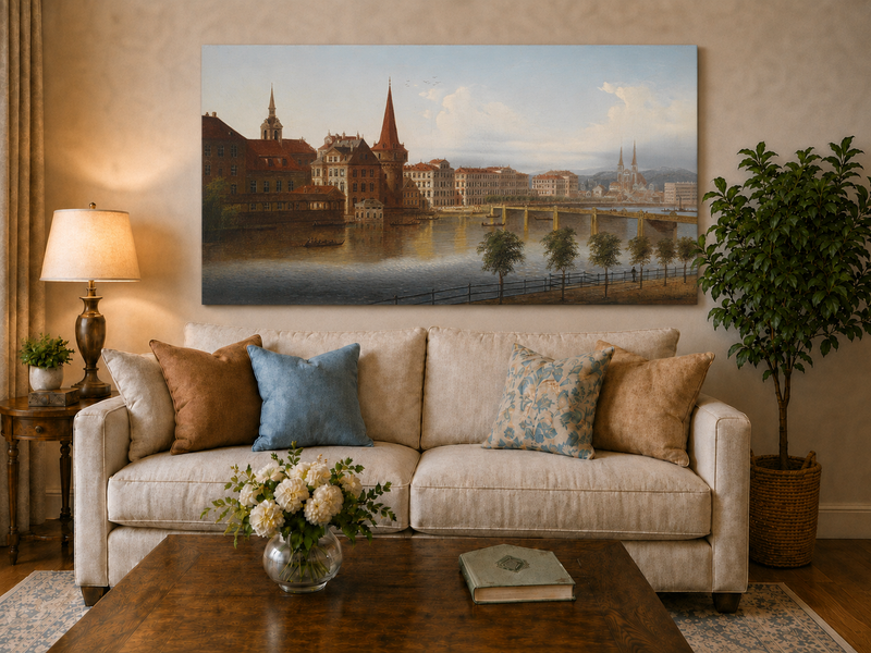Peinture à l'huile de paysage - Paysage urbain historique au bord de la rivière