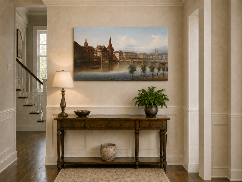 Peinture à l'huile de paysage - Paysage urbain historique au bord de la rivière