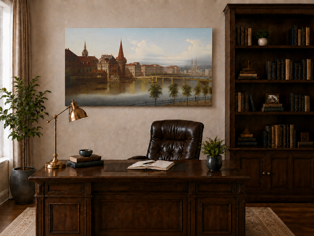 Peinture à l'huile de paysage - Paysage urbain historique au bord de la rivière