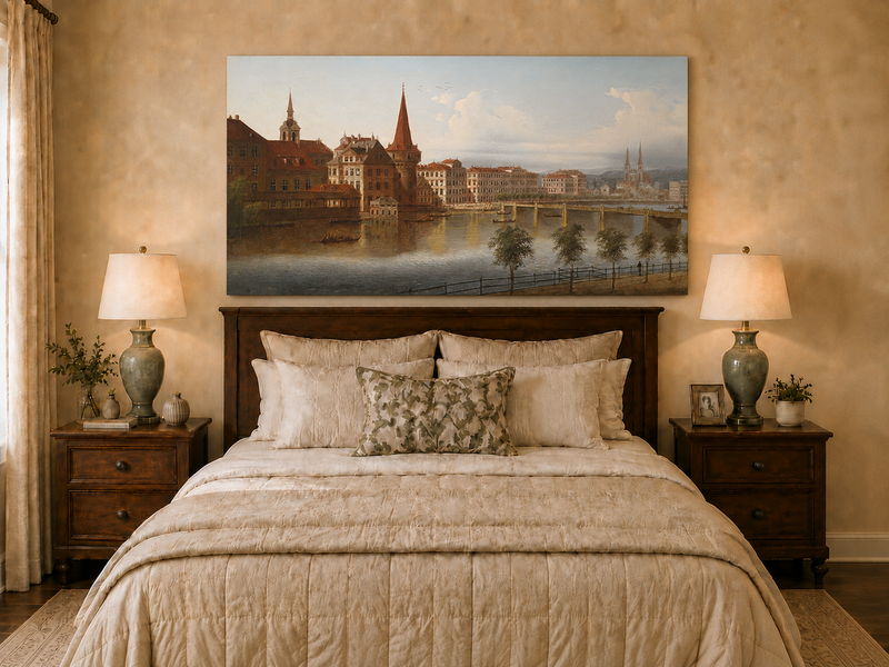 Peinture à l'huile de paysage - Paysage urbain historique au bord de la rivière
