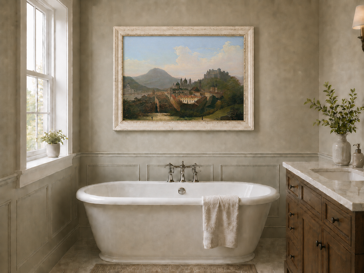 Landscape Oil Painting - Historic Cityscape & Hilltop Castle