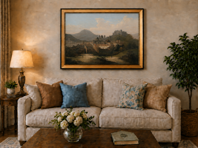 Landscape Oil Painting - Historic Cityscape & Hilltop Castle