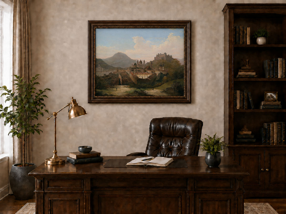 Landscape Oil Painting - Historic Cityscape & Hilltop Castle