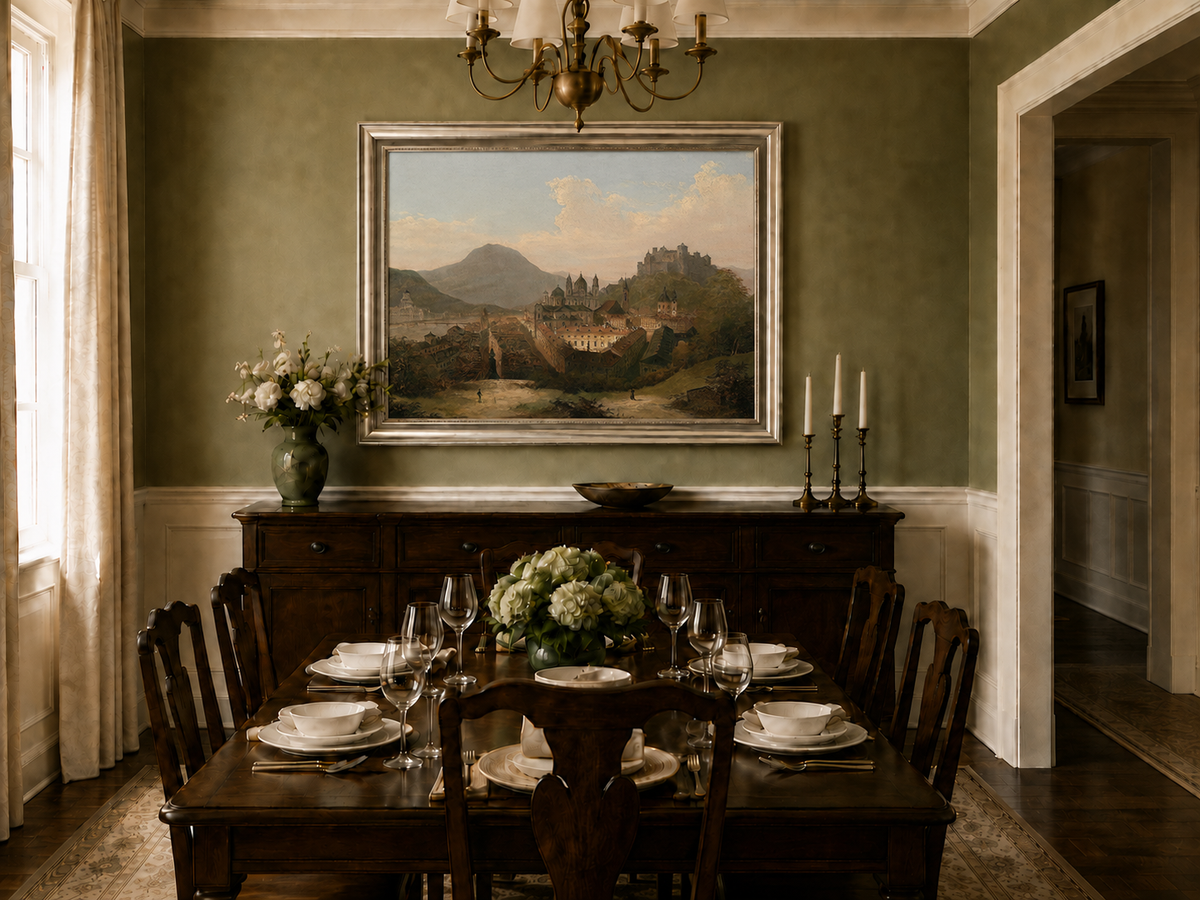 Landscape Oil Painting - Historic Cityscape & Hilltop Castle