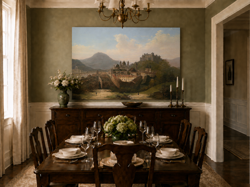 Landscape Oil Painting - Historic Cityscape & Hilltop Castle