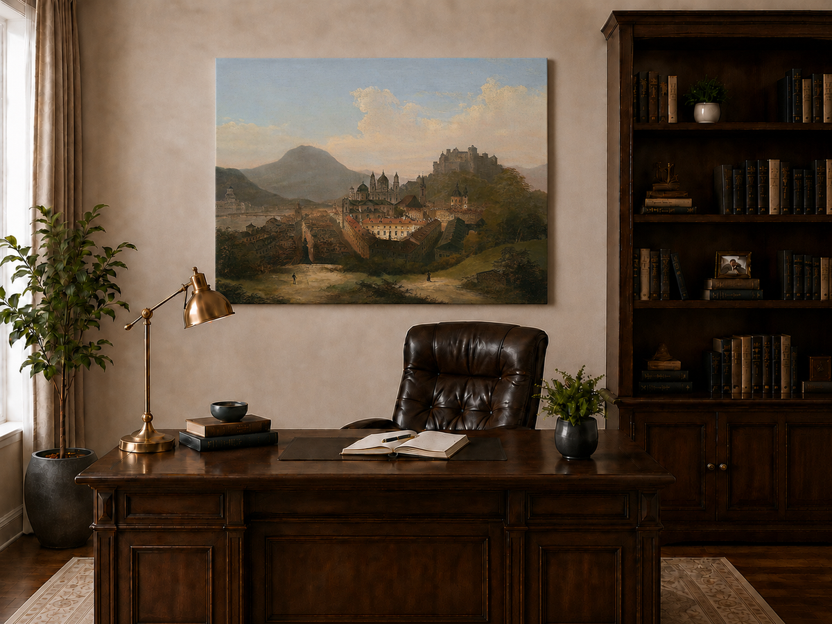 Landscape Oil Painting - Historic Cityscape & Hilltop Castle