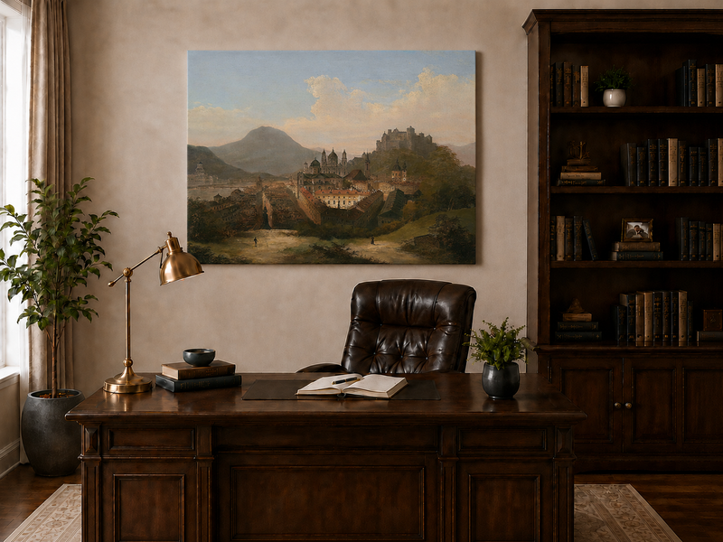 Landscape Oil Painting - Historic Cityscape & Hilltop Castle