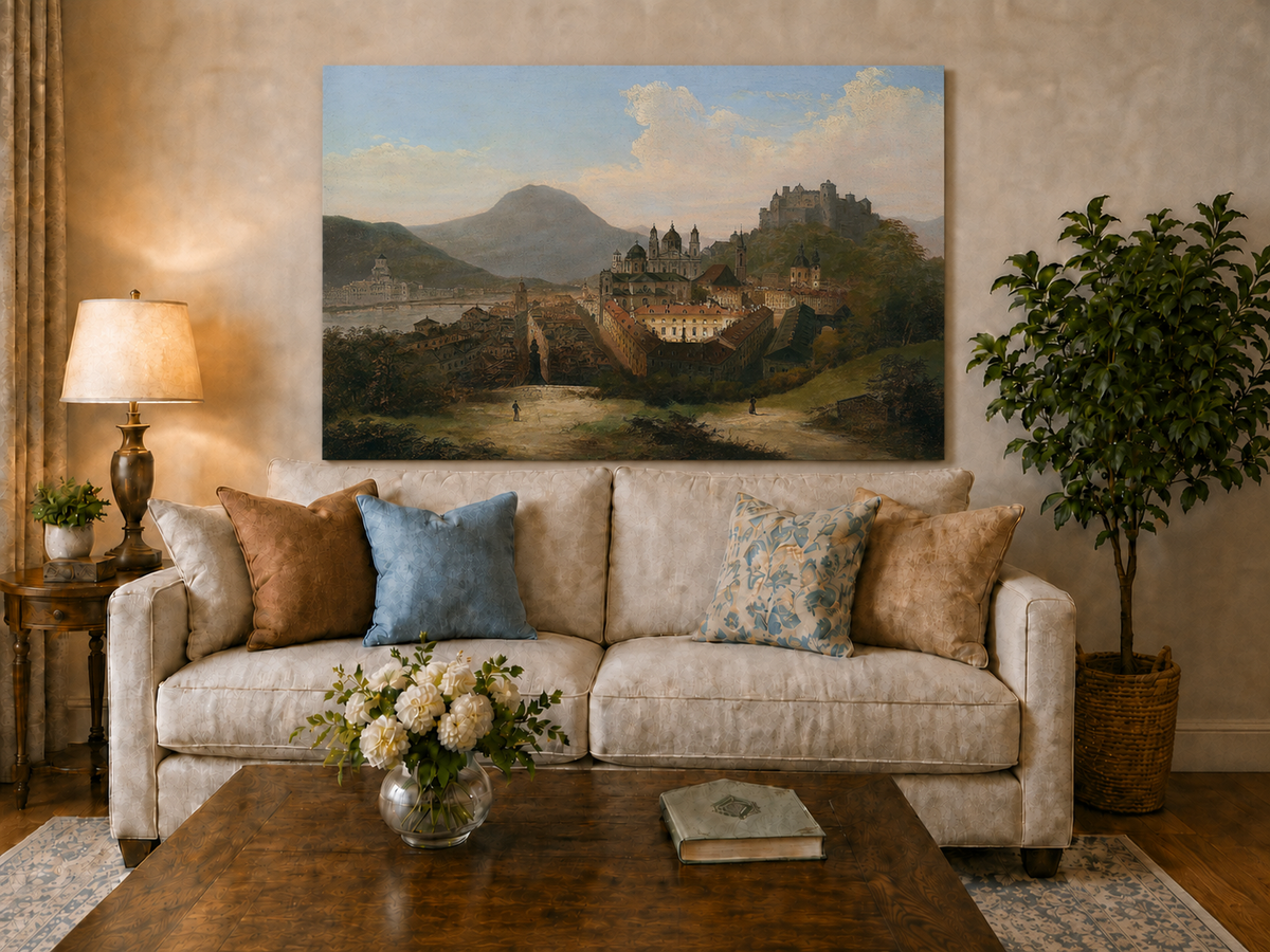 Landscape Oil Painting - Historic Cityscape & Hilltop Castle