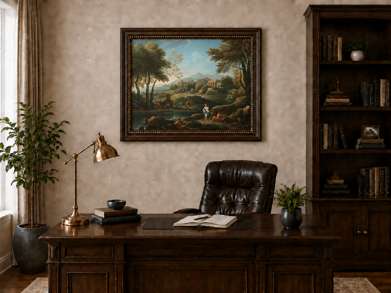 Landscape Oil Painting - Classical Ruins by a Quiet Lake