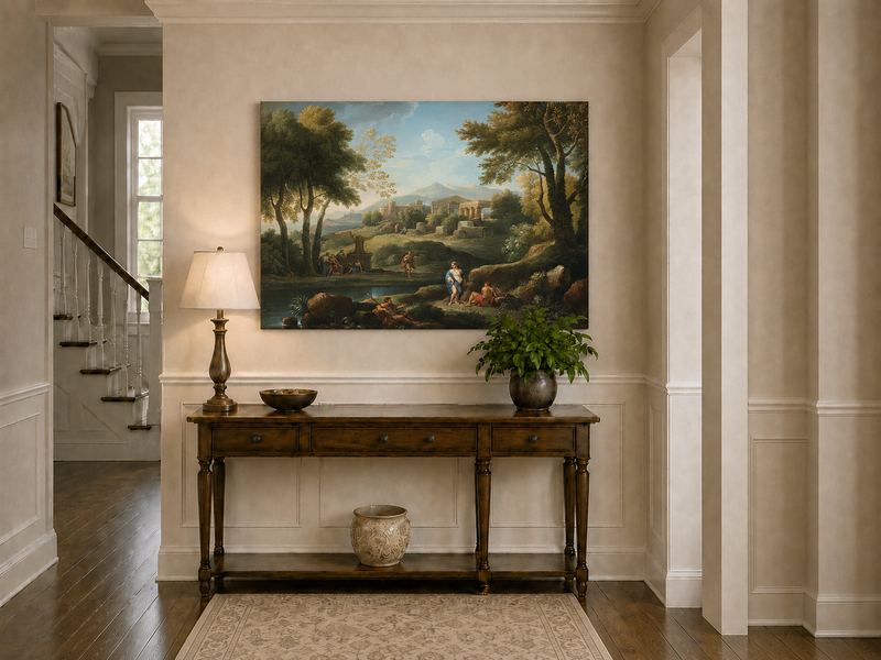 Landscape Oil Painting - Classical Ruins by a Quiet Lake