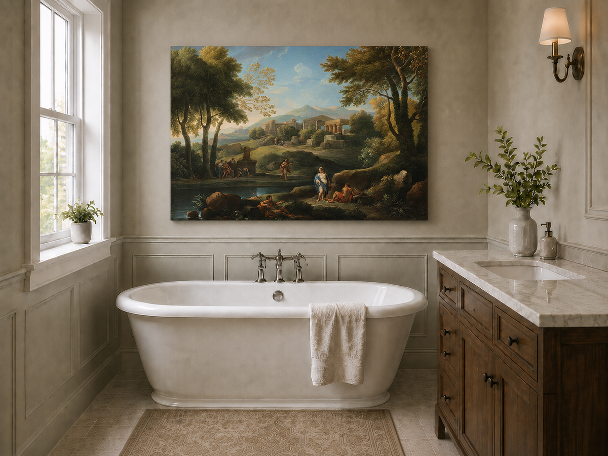 Landscape Oil Painting - Classical Ruins by a Quiet Lake