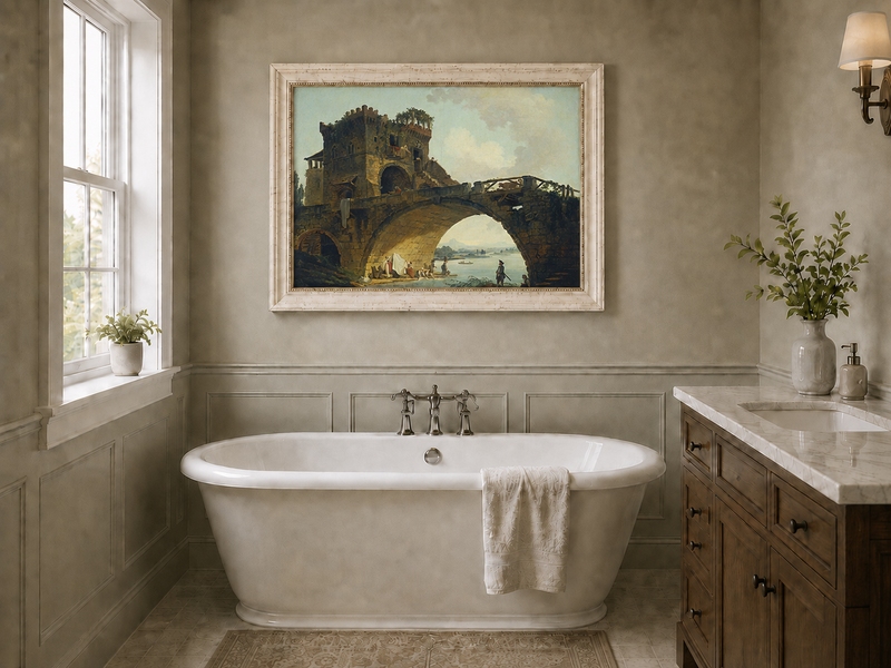 Landscape Oil Painting - Stone Bridge with Figures by River