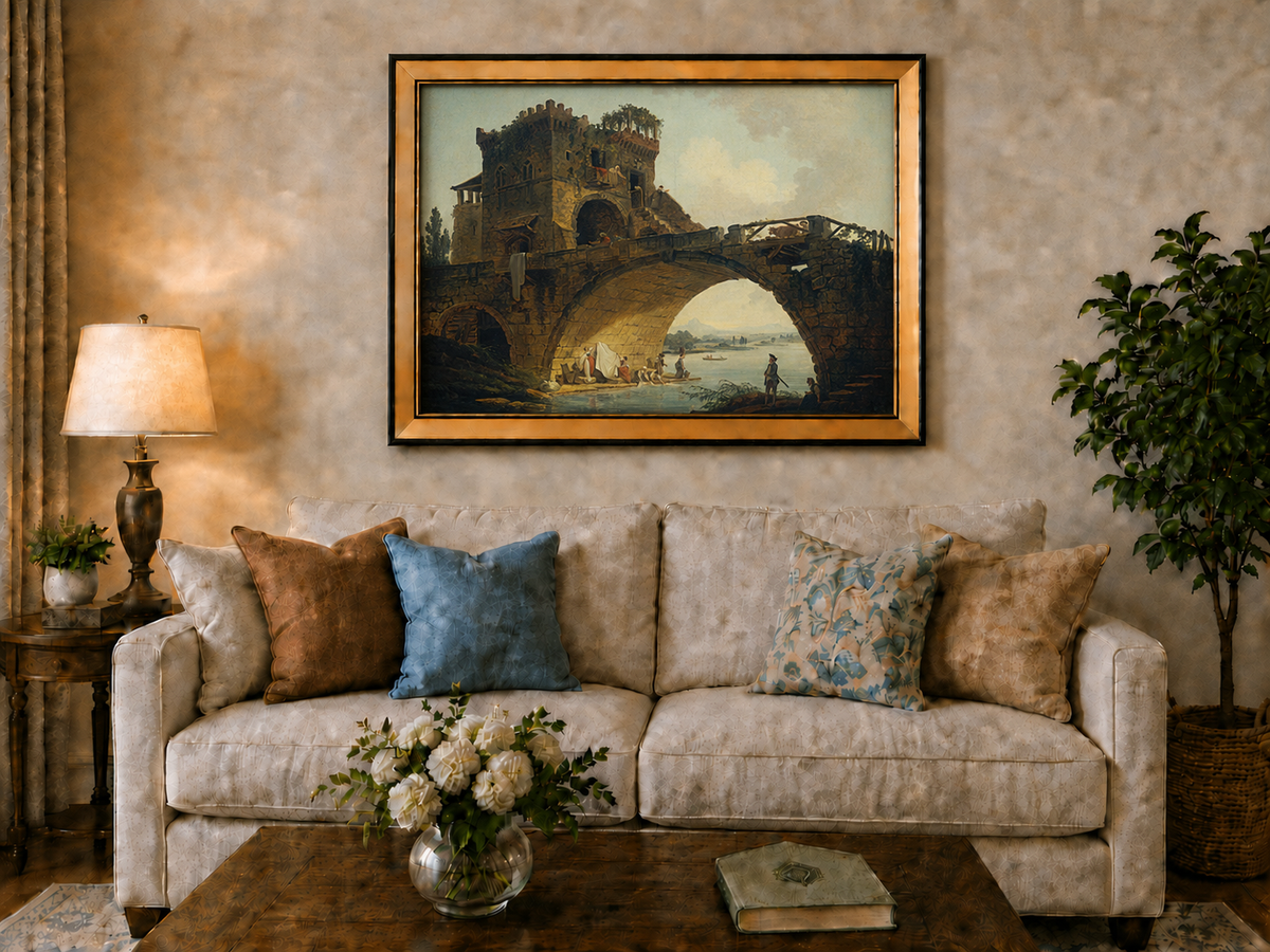 Landscape Oil Painting - Stone Bridge with Figures by River