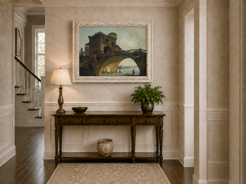 Landscape Oil Painting - Stone Bridge with Figures by River
