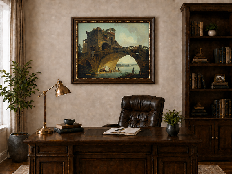 Landscape Oil Painting - Stone Bridge with Figures by River
