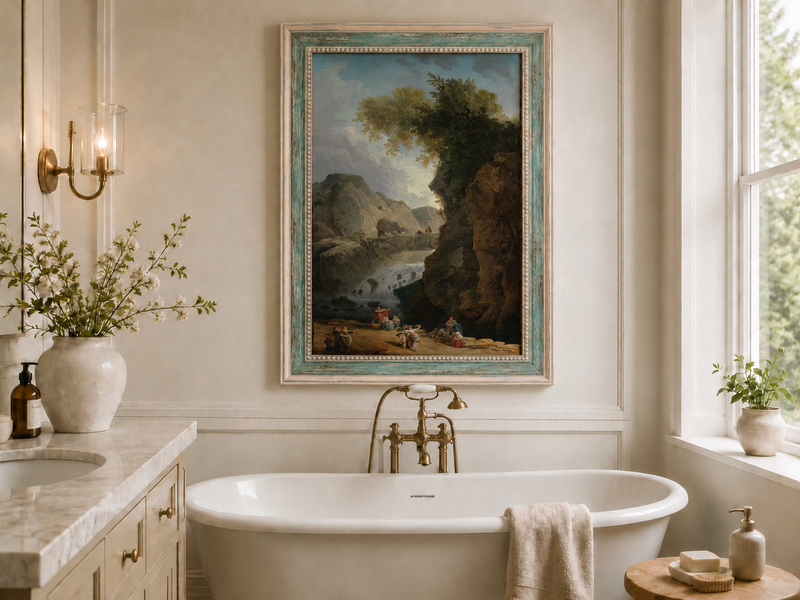 Peinture à l'huile de paysage - Rivière printanière avec pêcheur et arbres