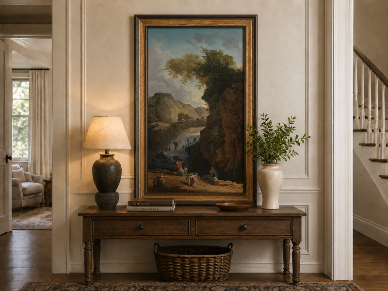 Peinture à l'huile de paysage - Rivière printanière avec pêcheur et arbres
