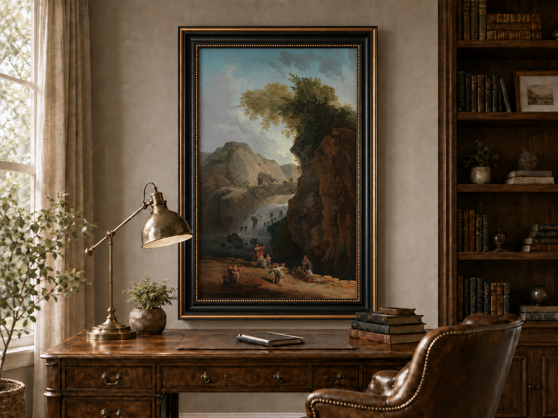 Peinture à l'huile de paysage - Rivière printanière avec pêcheur et arbres