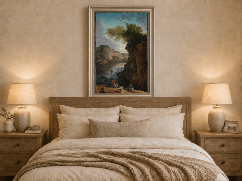 Peinture à l'huile de paysage - Rivière printanière avec pêcheur et arbres