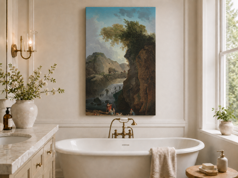 Peinture à l'huile de paysage - Rivière printanière avec pêcheur et arbres