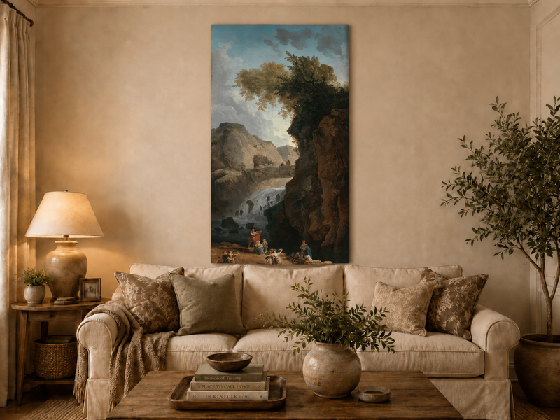 Peinture à l'huile de paysage - Rivière printanière avec pêcheur et arbres