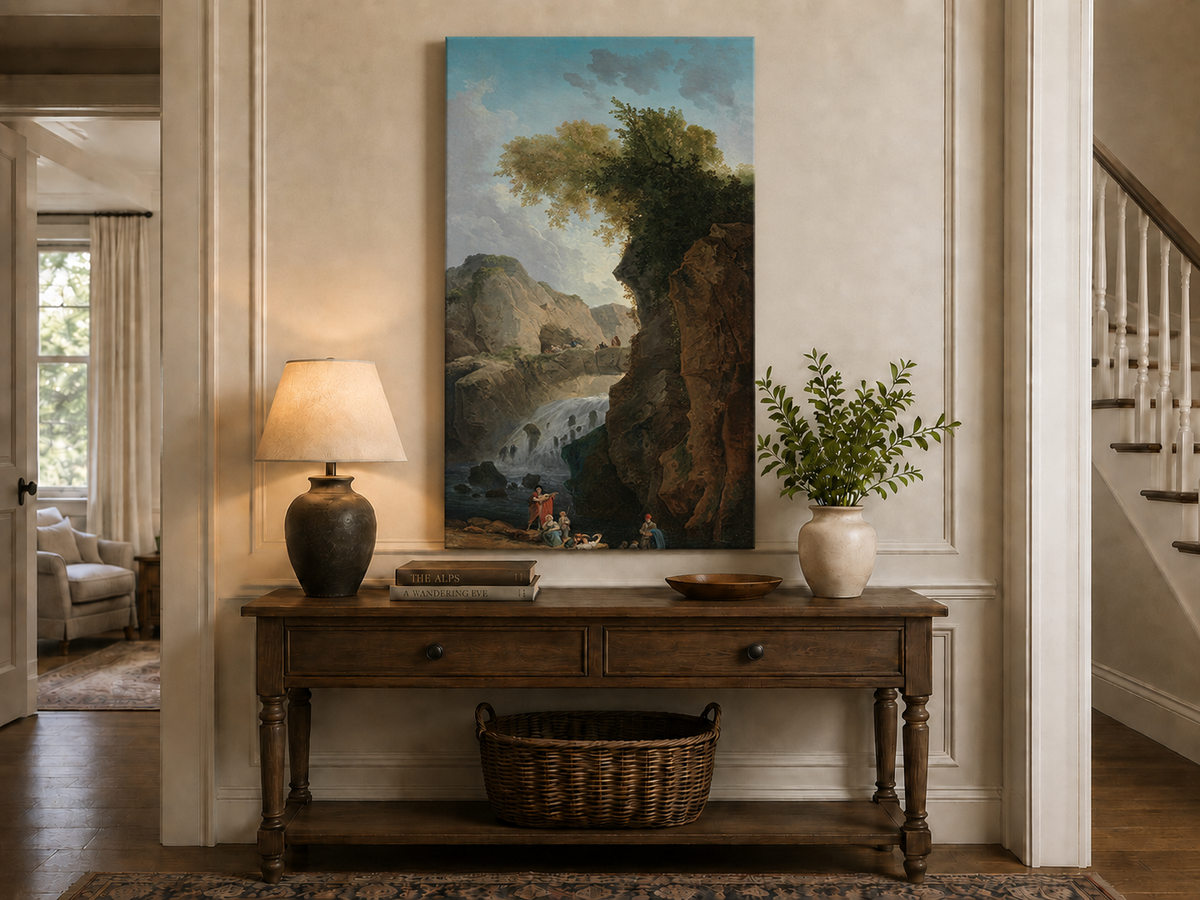 Peinture à l'huile de paysage - Rivière printanière avec pêcheur et arbres