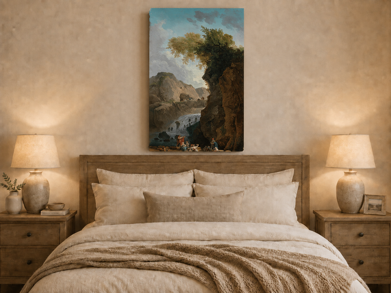 Peinture à l'huile de paysage - Rivière printanière avec pêcheur et arbres