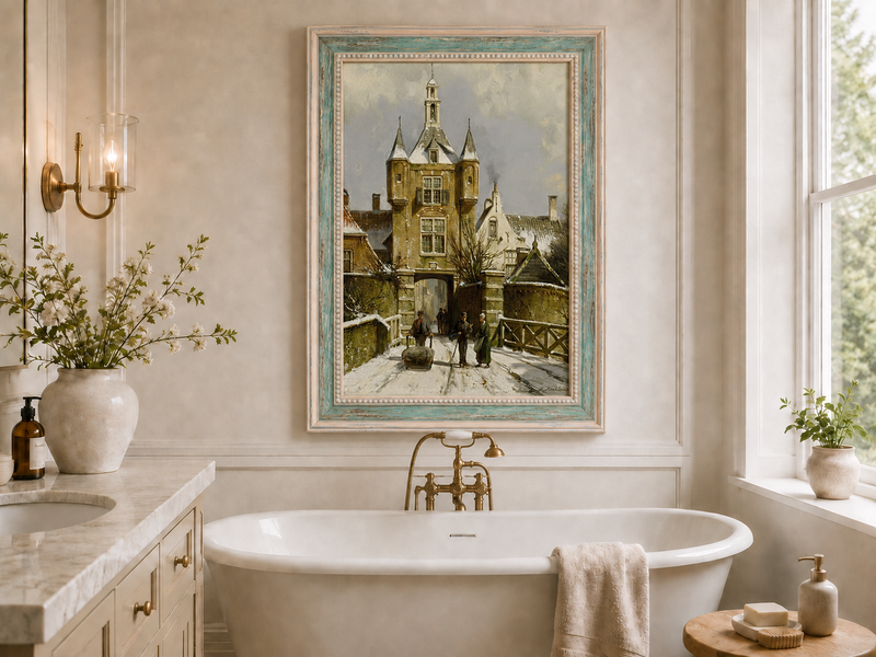 Peinture à l'huile de paysage - Porte d'une ville européenne enneigée