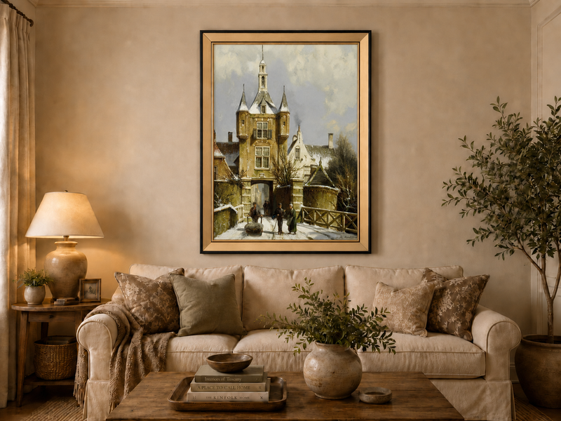 Peinture à l'huile de paysage - Porte d'une ville européenne enneigée
