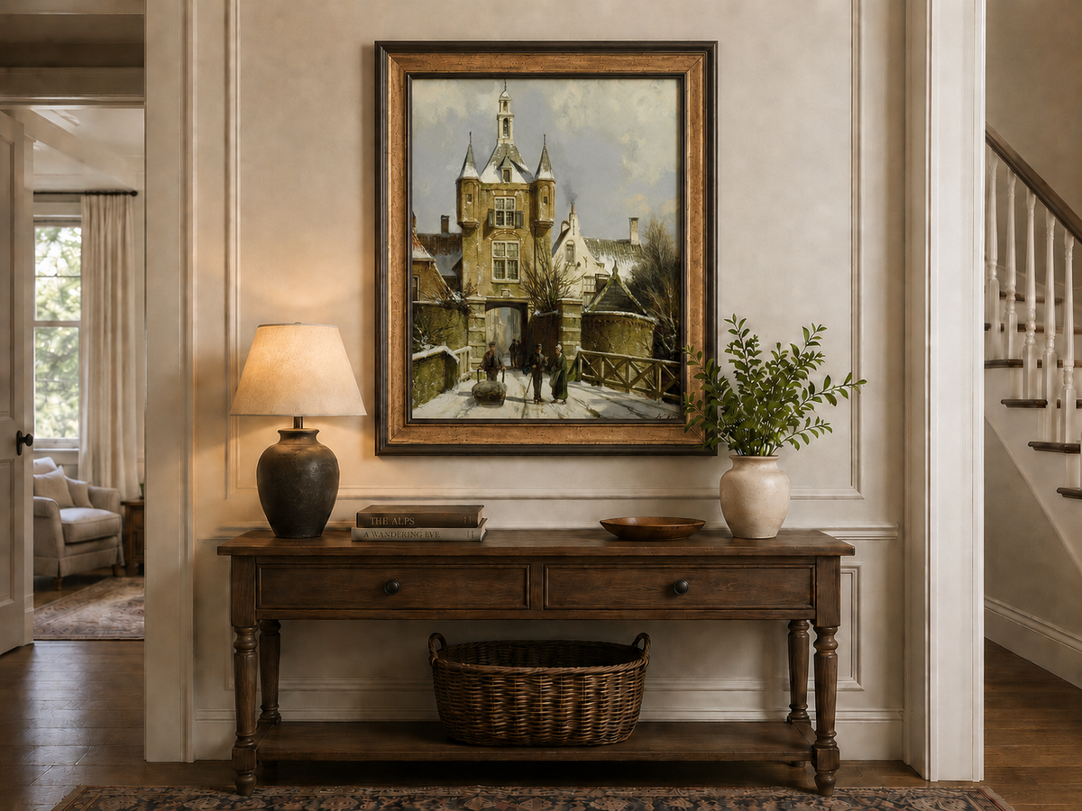 Peinture à l'huile de paysage - Porte d'une ville européenne enneigée