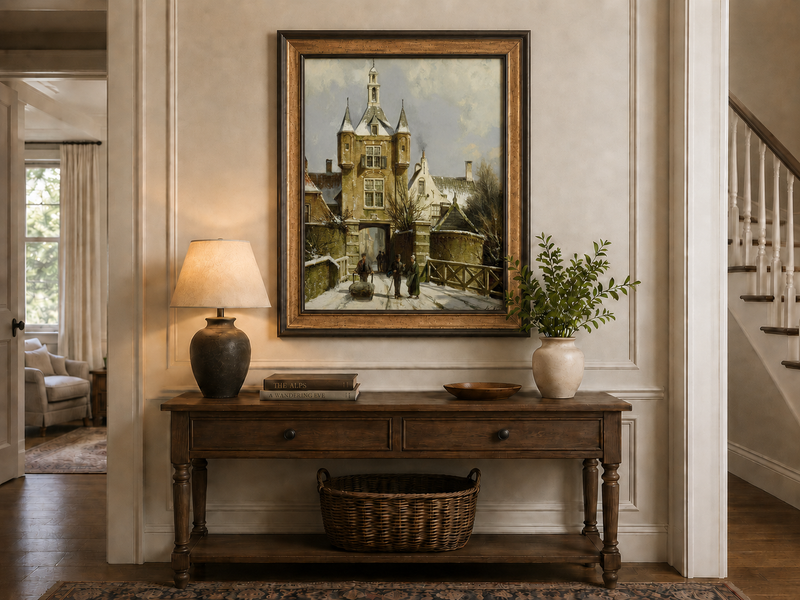 Peinture à l'huile de paysage - Porte d'une ville européenne enneigée