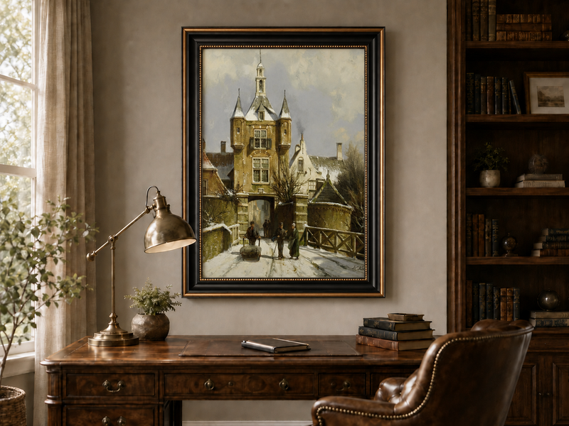 Peinture à l'huile de paysage - Porte d'une ville européenne enneigée