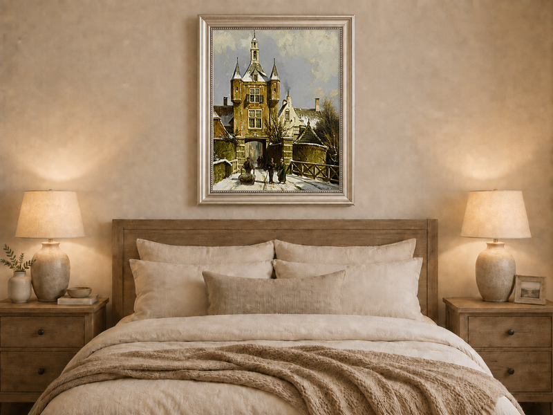 Peinture à l'huile de paysage - Porte d'une ville européenne enneigée