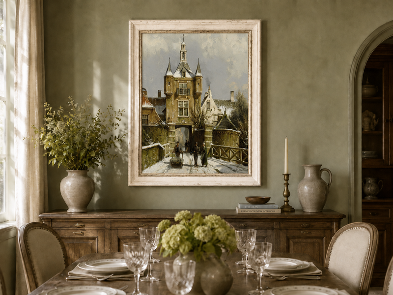 Peinture à l'huile de paysage - Porte d'une ville européenne enneigée