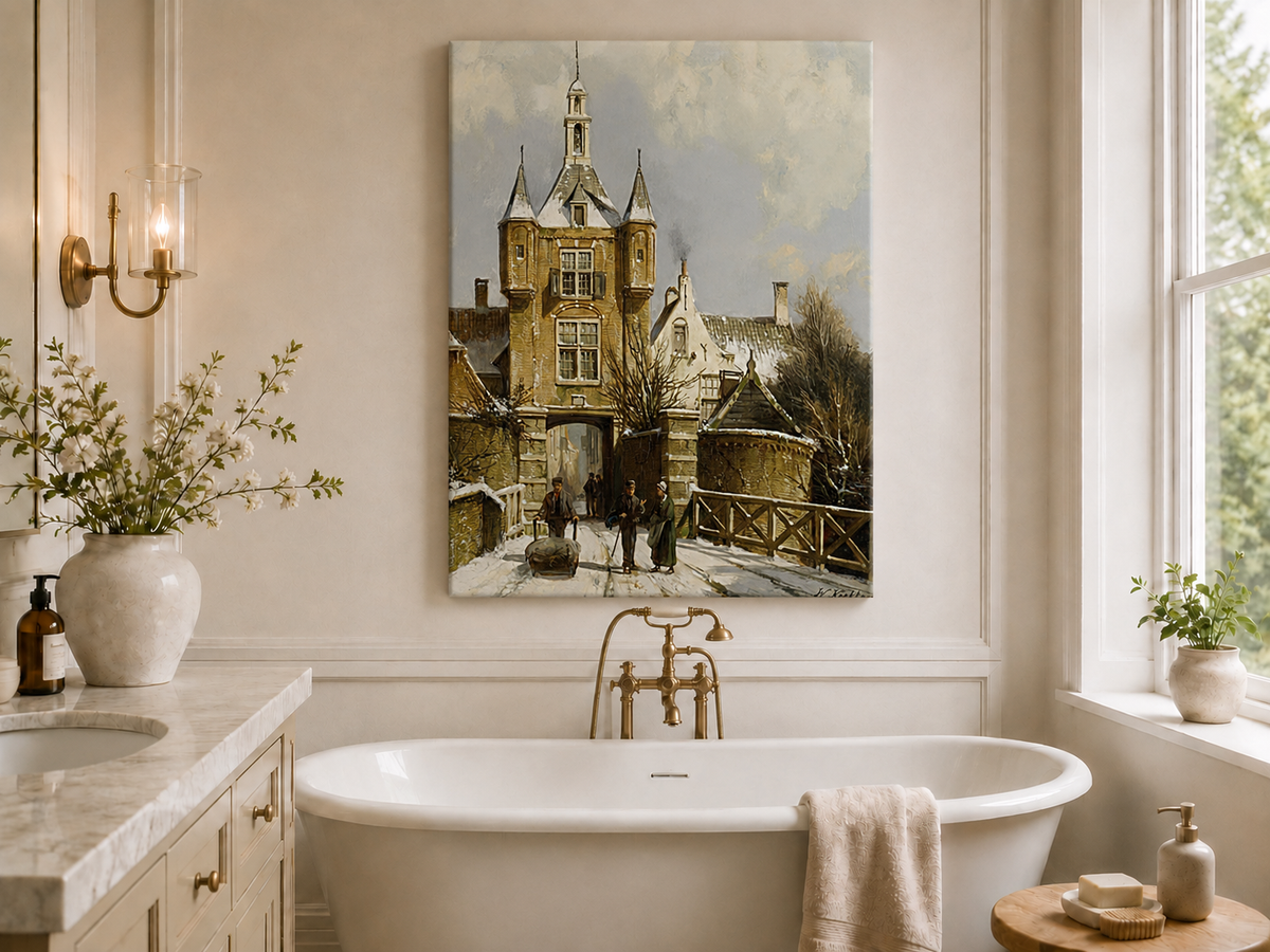 Peinture à l'huile de paysage - Porte d'une ville européenne enneigée