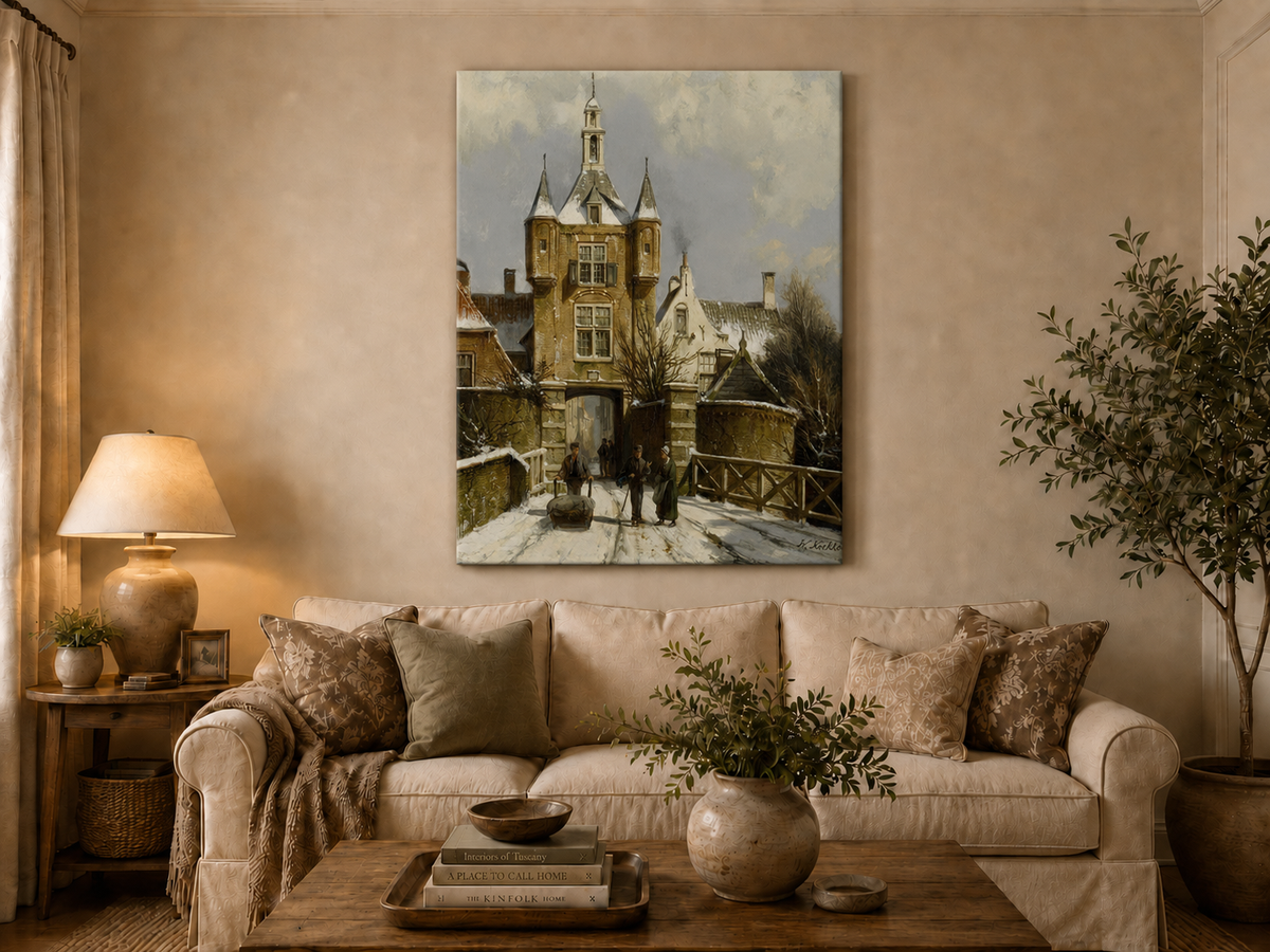 Peinture à l'huile de paysage - Porte d'une ville européenne enneigée