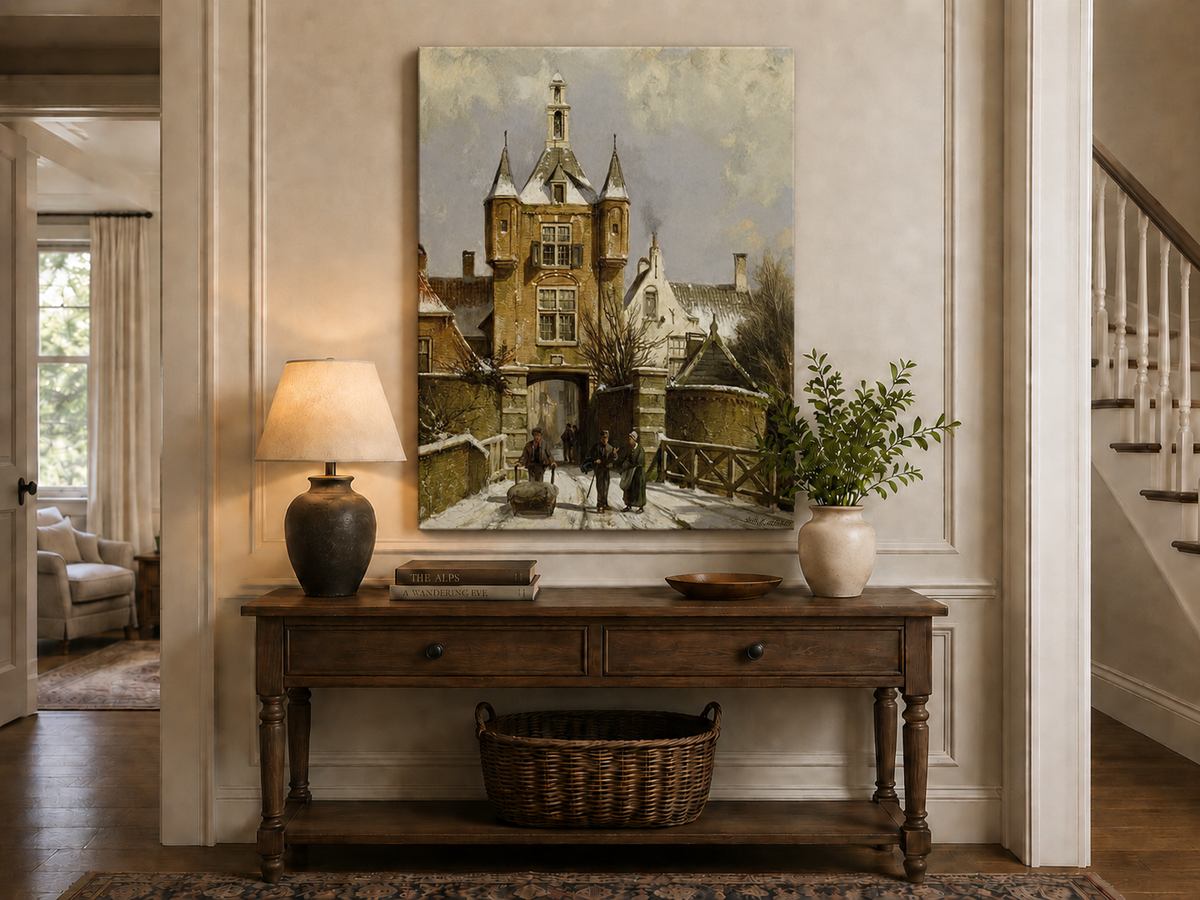 Peinture à l'huile de paysage - Porte d'une ville européenne enneigée